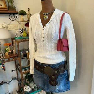 Y2K Preppy Aeropostale White Cable Knit Hooded Henley Long Sleeve Sweater